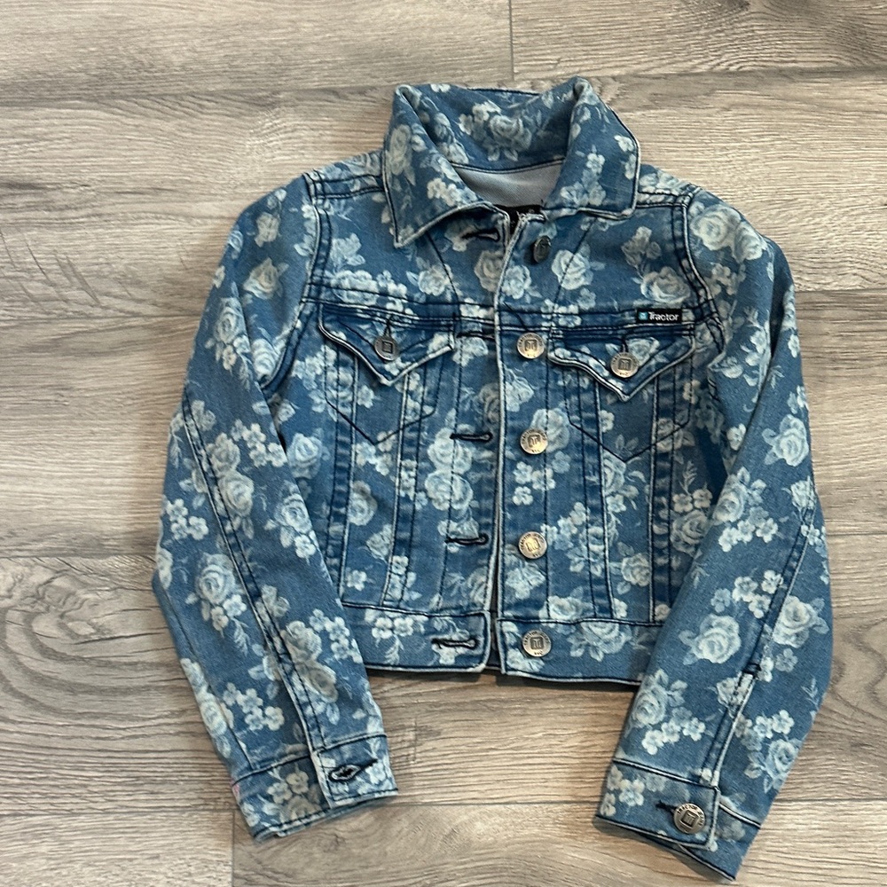 Floral Patterned Blue Denim Jacket for Kids